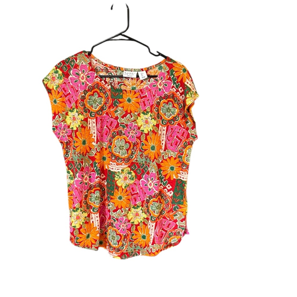 Nicole Miller Linen sleeveless top women large bold floral print geometric shell